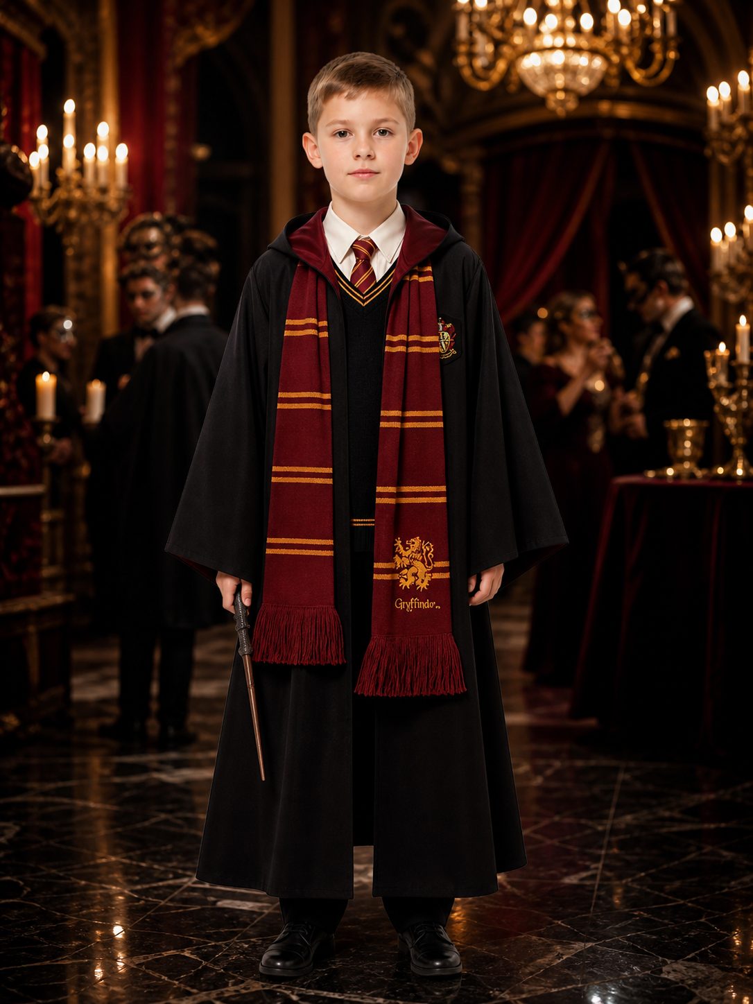 Hooded Wizard Robe Costume Set With Tie, Scarf, Shirt, Vest And Wand Costume Accessories detail