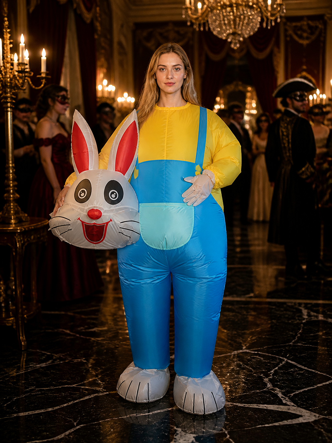 Adult Rabbit Costume, Blue-Yellow Animal Jumpsuit with Long Ears and Belly Costumes detail