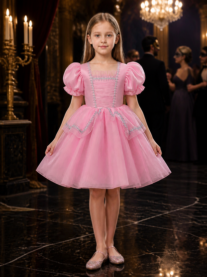 Toddler Girls' Pink Princess Dress Costume with Puff Sleeves and Layered Skirt Costume Dresses detail