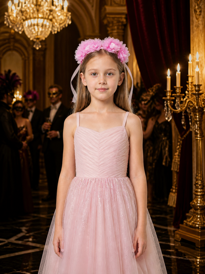 Kids Princess Pink Flower Headpiece with Long Ribbons, Halloween Costume Costume Headwear detail