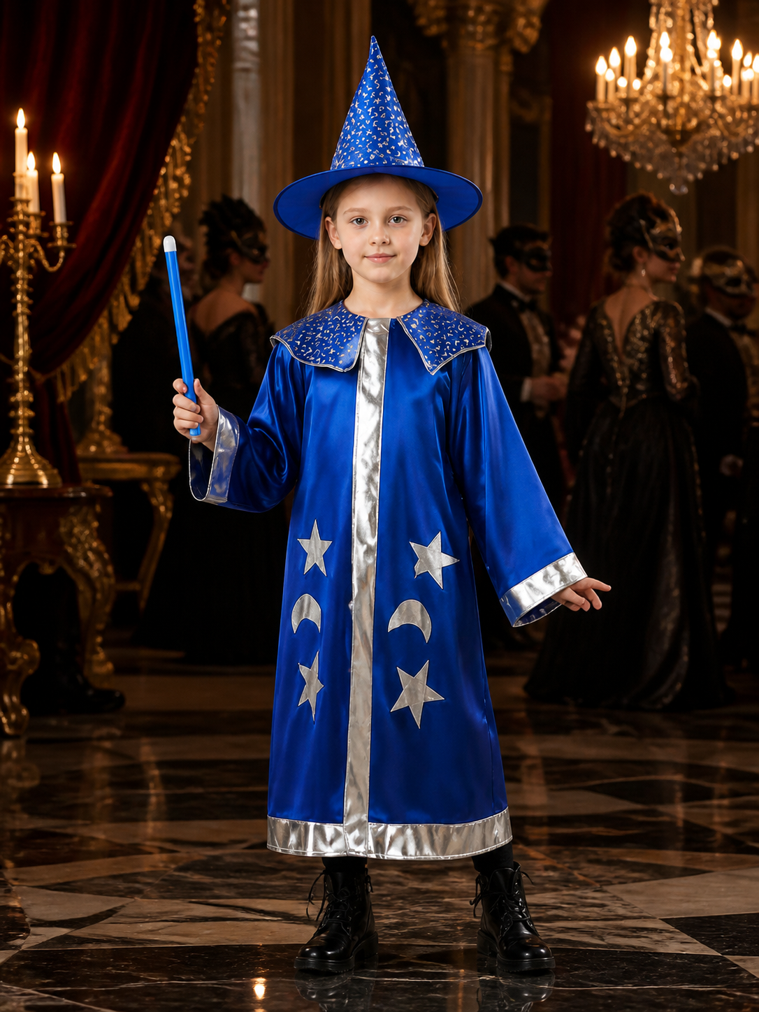 Blue Wizard Costume Set with Star and Moon Cloak and Pointed Hat Costume Capes detail