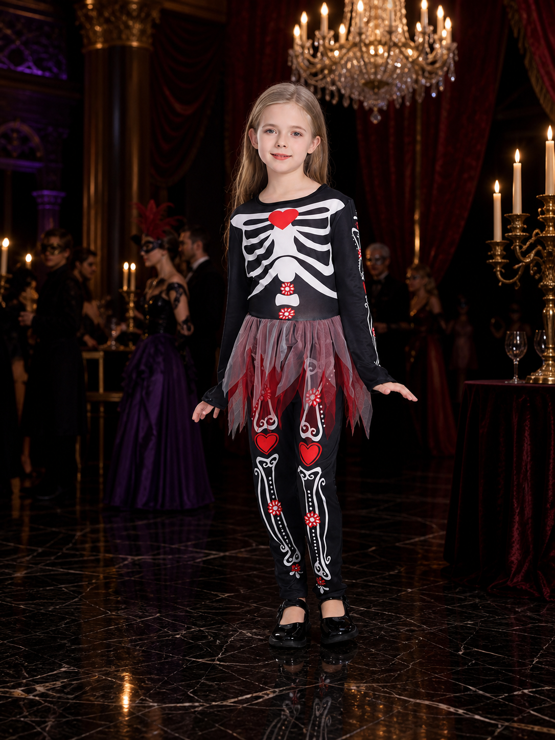 Girls Black Skeleton Jumpsuit With Tulle Skirt Halloween Costume Costumes detail