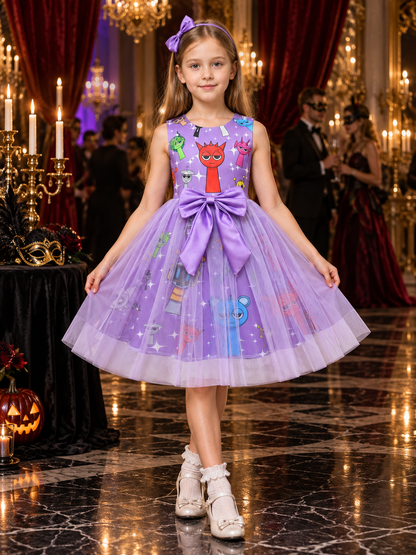 Purple sleeveless dress with bow and star print