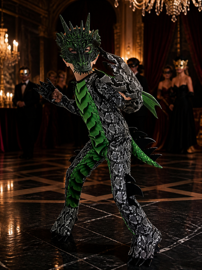 Dinosaur Dragon Jumpsuit Costume With Mask, Wings, Tail And Spikes Costume Masks detail