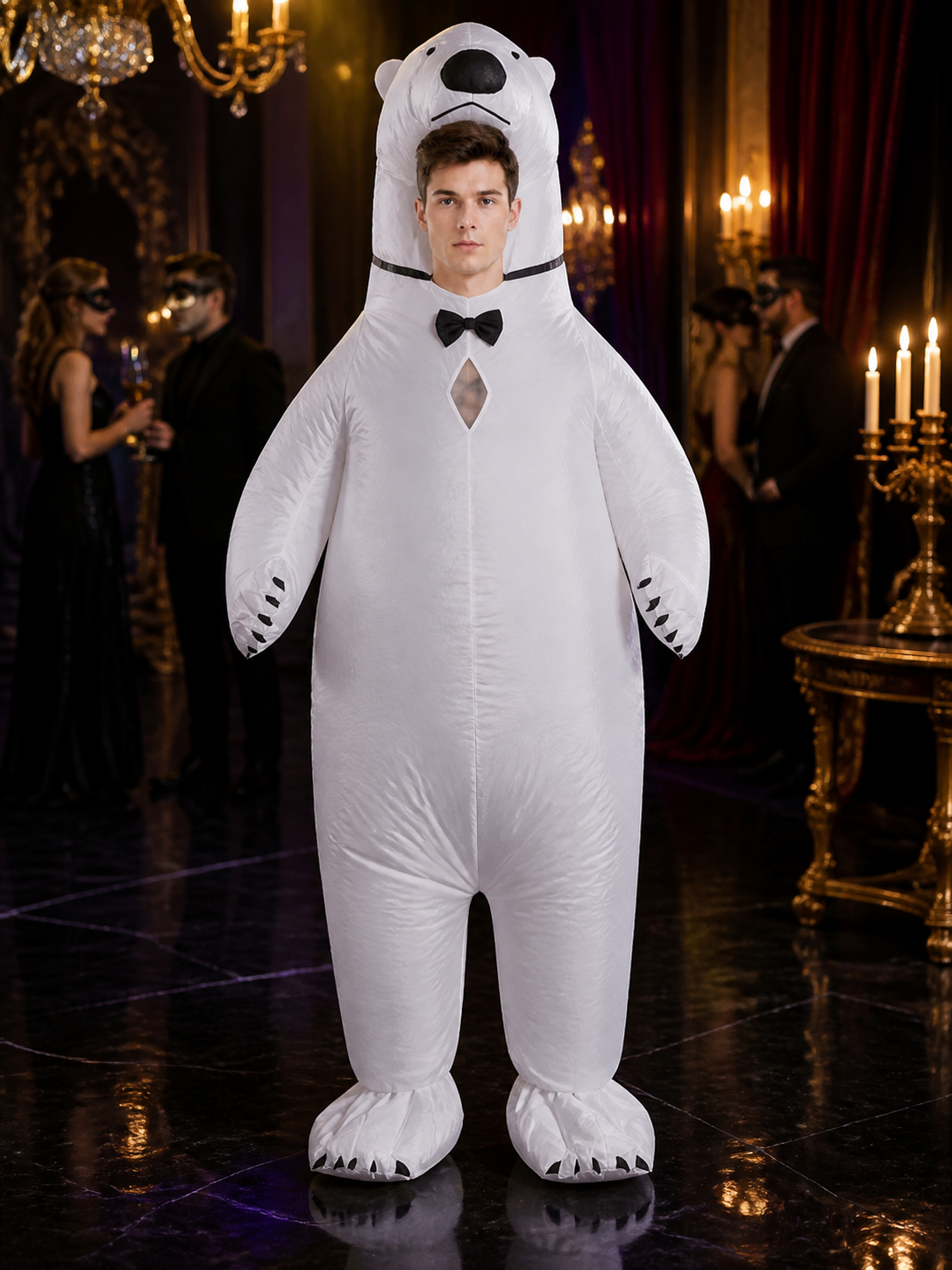 Inflatable White Bear Onesie Costume with Black Bow for Christmas Party Costume Accessories detail