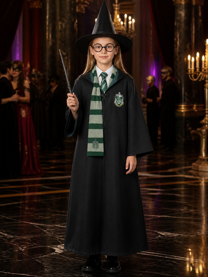 Green And Silver Wizard Robe Costume Set, 7-Piece Cosplay Outfit With Hat, Scarf Costume Headwear detail