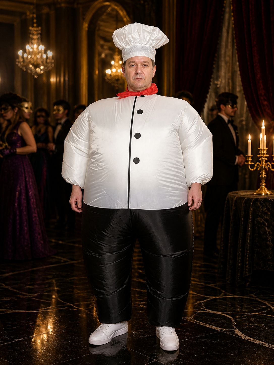 Adult Chef Costume Set with White Coat, Black Pants, Chef Hat and Red Scarf Costume Headwear detail