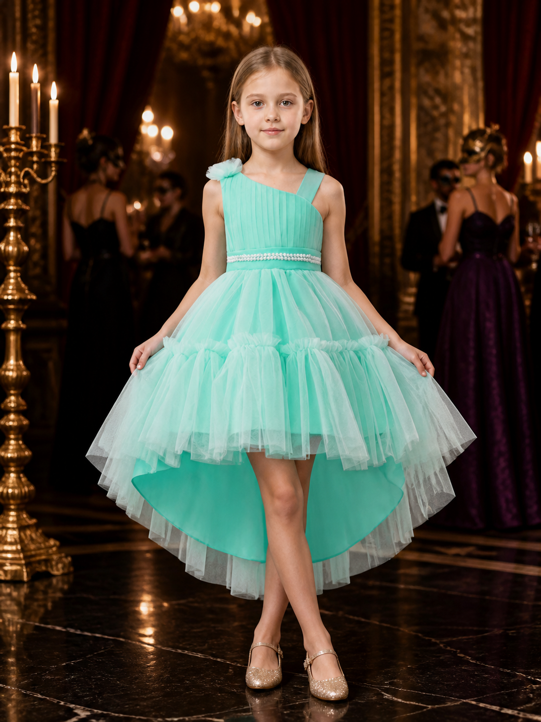 Girls' Mint Green Princess Dress, One-Shoulder Tulle Gown With Pearl Waist Costume Dresses detail