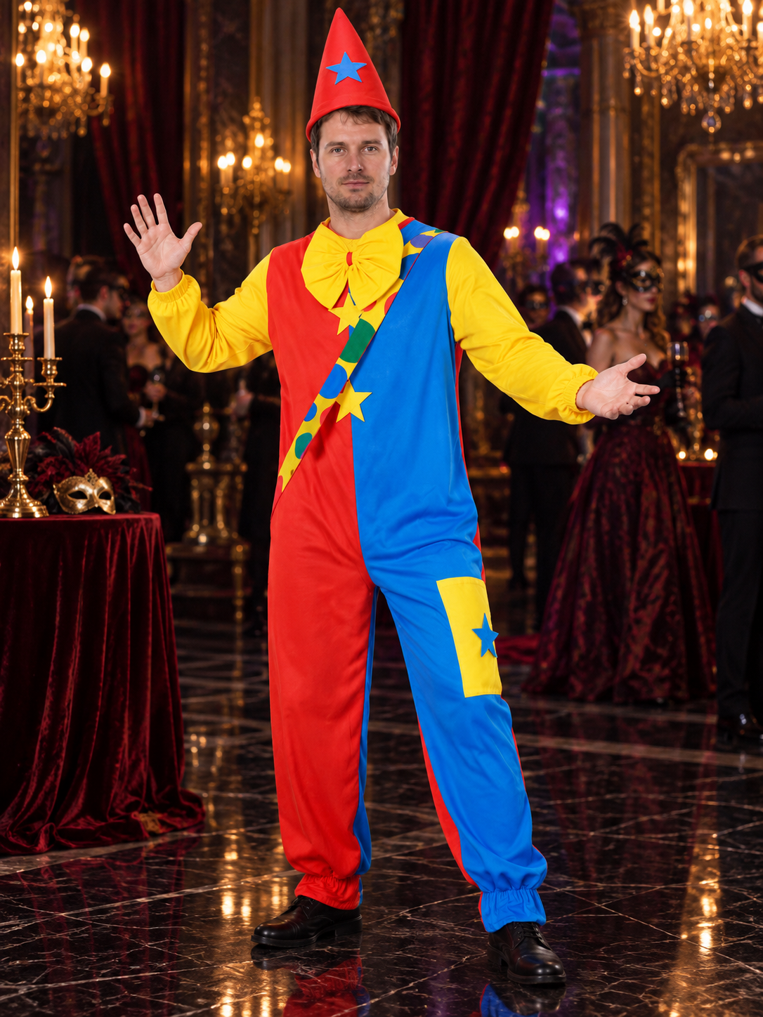 Adult Clown Costume with Hat and Stars, Yellow