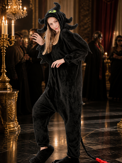 Black Dragon Hooded Full-Body Jumpsuit Costume With Horns And Tail Costumes detail
