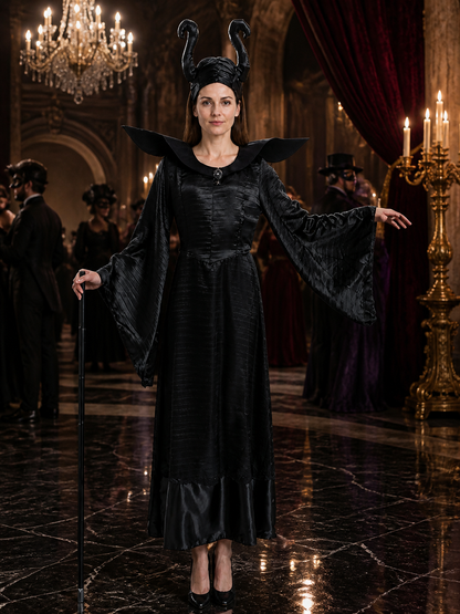 Black Witch Costume Set with Hat, Long Sleeve Flare Dress Costume Dresses detail