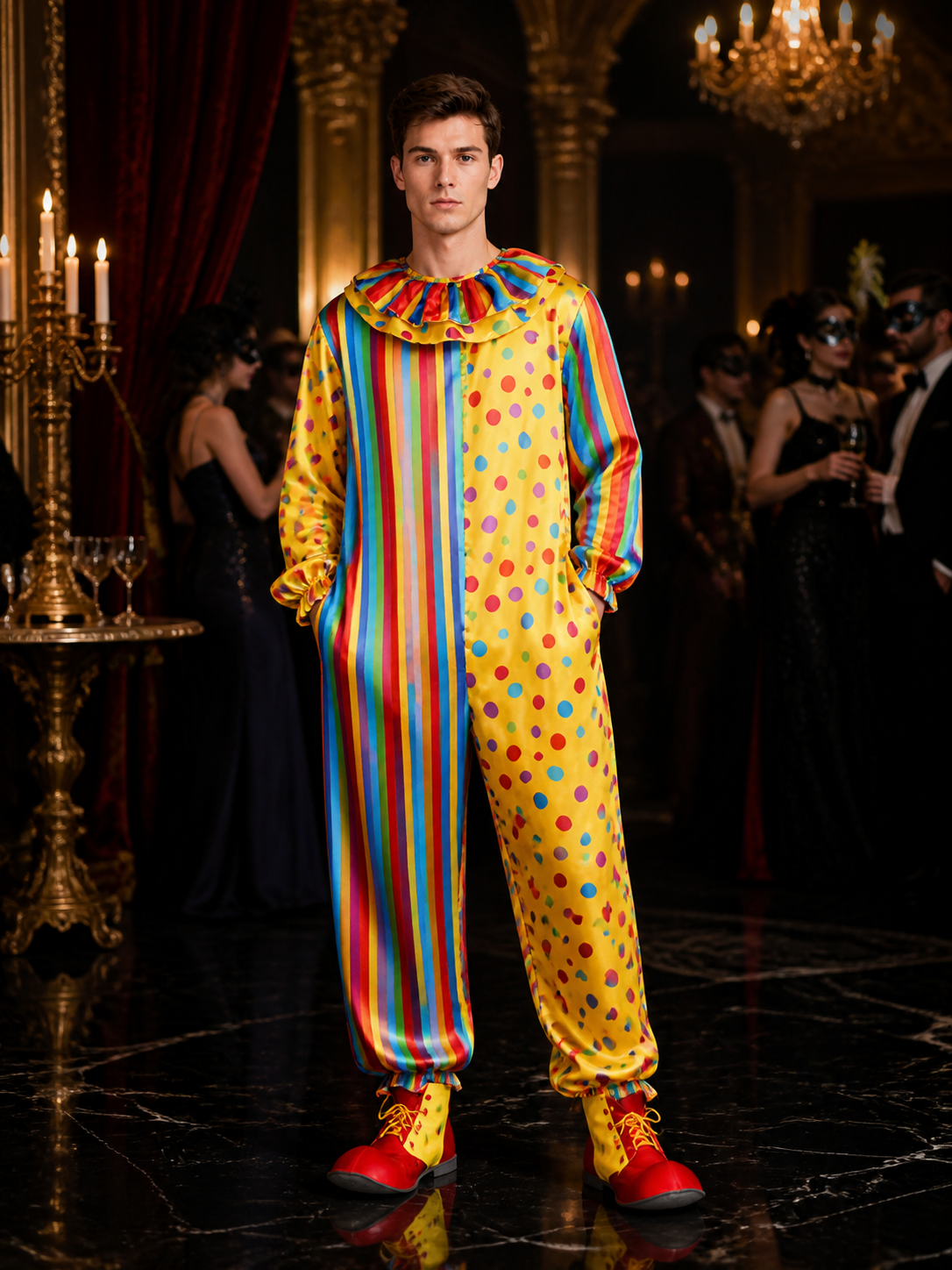 Unisex Adult Clown Jumpsuit Costume, Colorful Striped & Polka Dot One-Piece Costumes detail