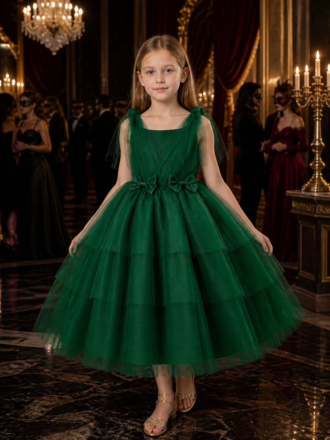 Girls' Dark Green Princess Dress, Sleeveless V-Neck Layered Tulle Gown With Bow Costume Dresses detail