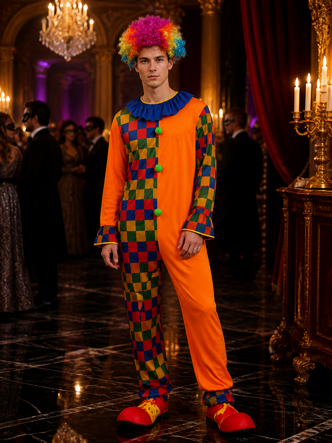 Adult Clown Jumpsuit Costume, Multicolor Checkered Print Bodysuit for Halloween Costumes detail