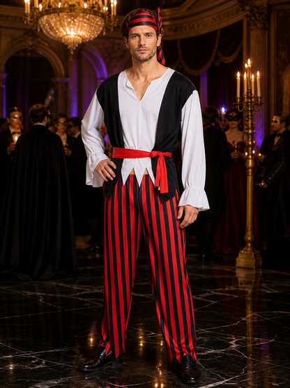 Adult Pirate Captain Halloween Costume Set with Striped Top, Pants, Headscarf Costumes detail