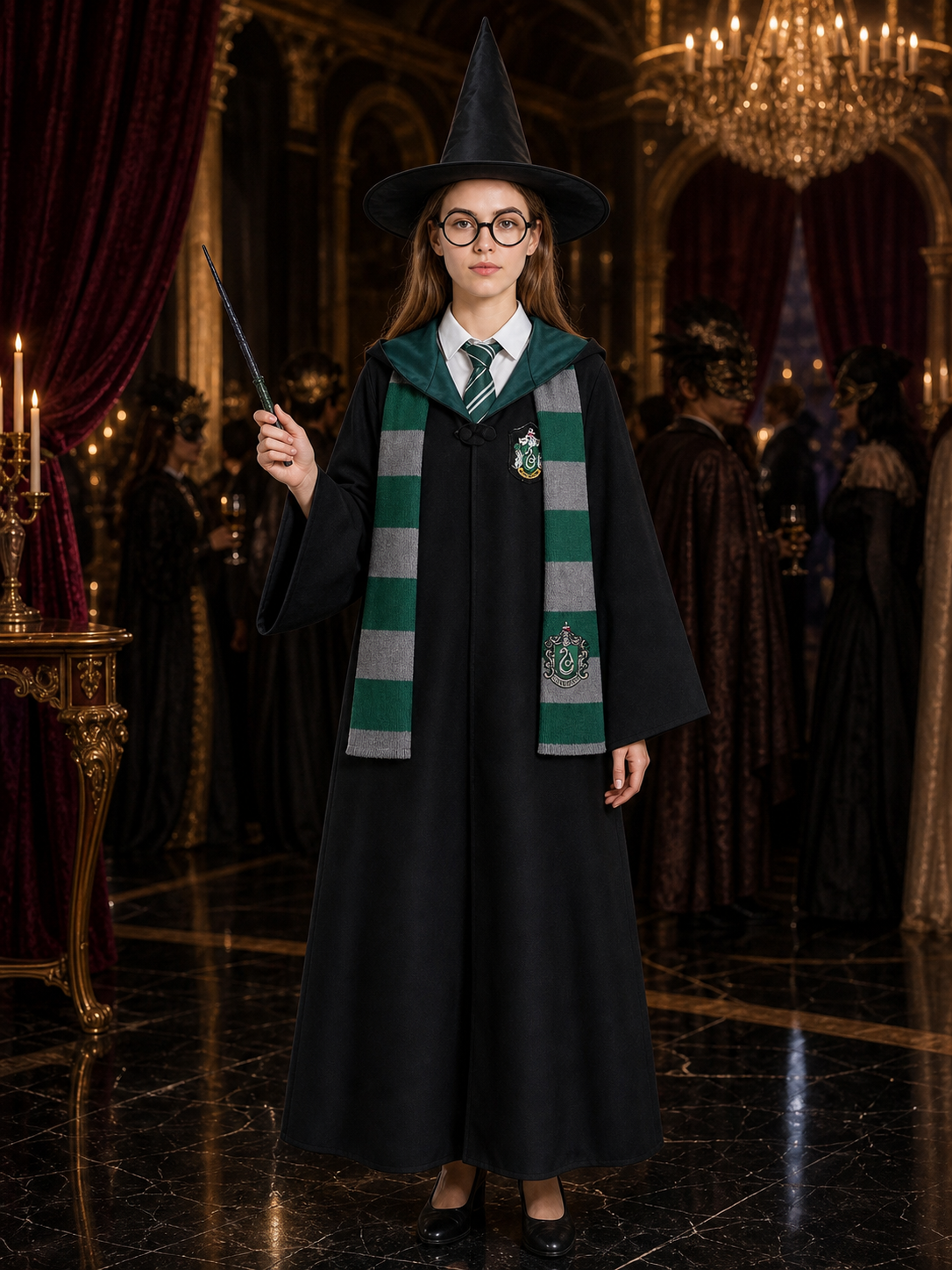 Slytherin Wizard Robe Costume Set with Tie, Scarf, Glasses, Wand, Hat & Shirt Costume Headwear detail