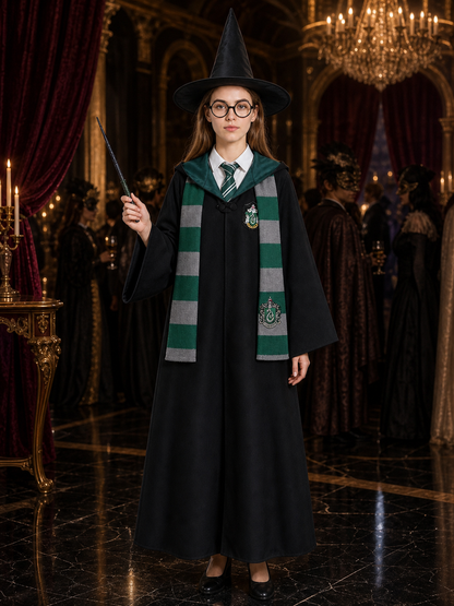 Slytherin Wizard Robe Costume Set with Tie, Scarf, Glasses, Wand, Hat & Shirt Costume Headwear detail