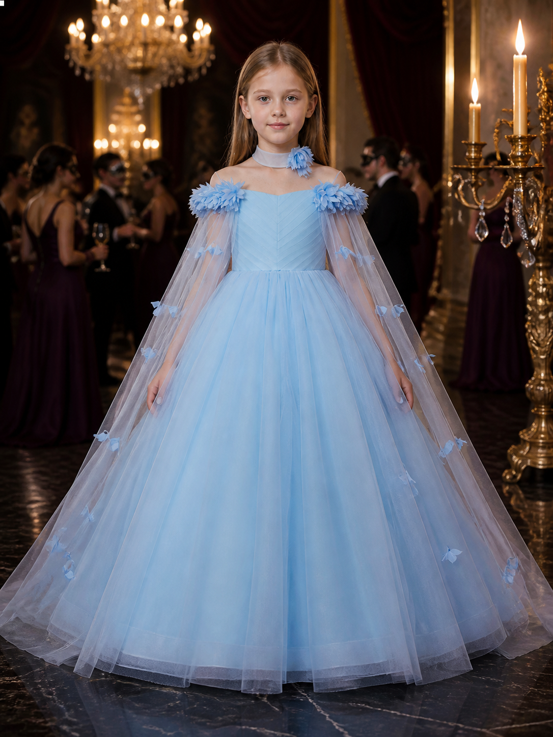 Girls' Light Blue Princess Dress with Tulle Shawl and Floral Details Costume Dresses detail