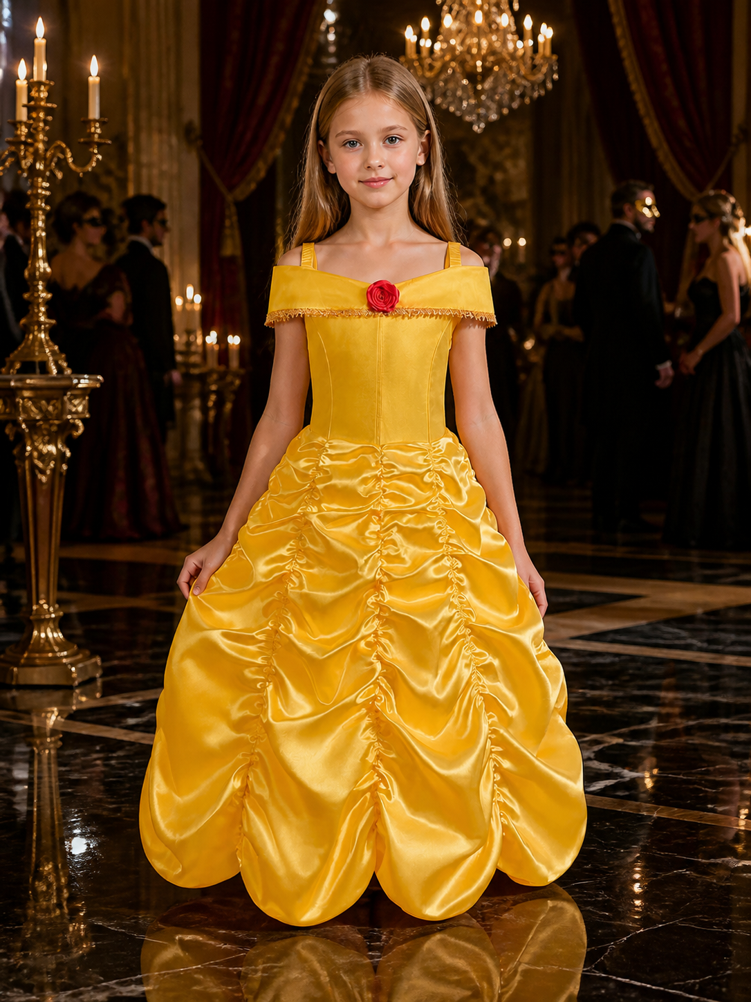 Girls Yellow Princess Dress Costume, Fluffy Ball Gown with Rose & Gold Trim Costume Dresses detail