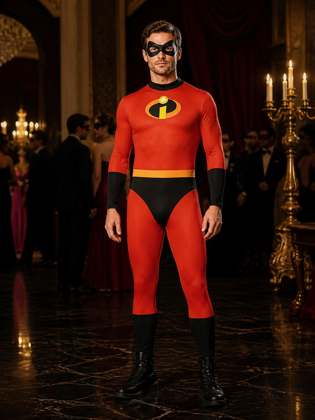 Kids Superhero Costume Jumpsuit - Red Black Bodysuit with Eye Mask and Yellow Costume Masks detail