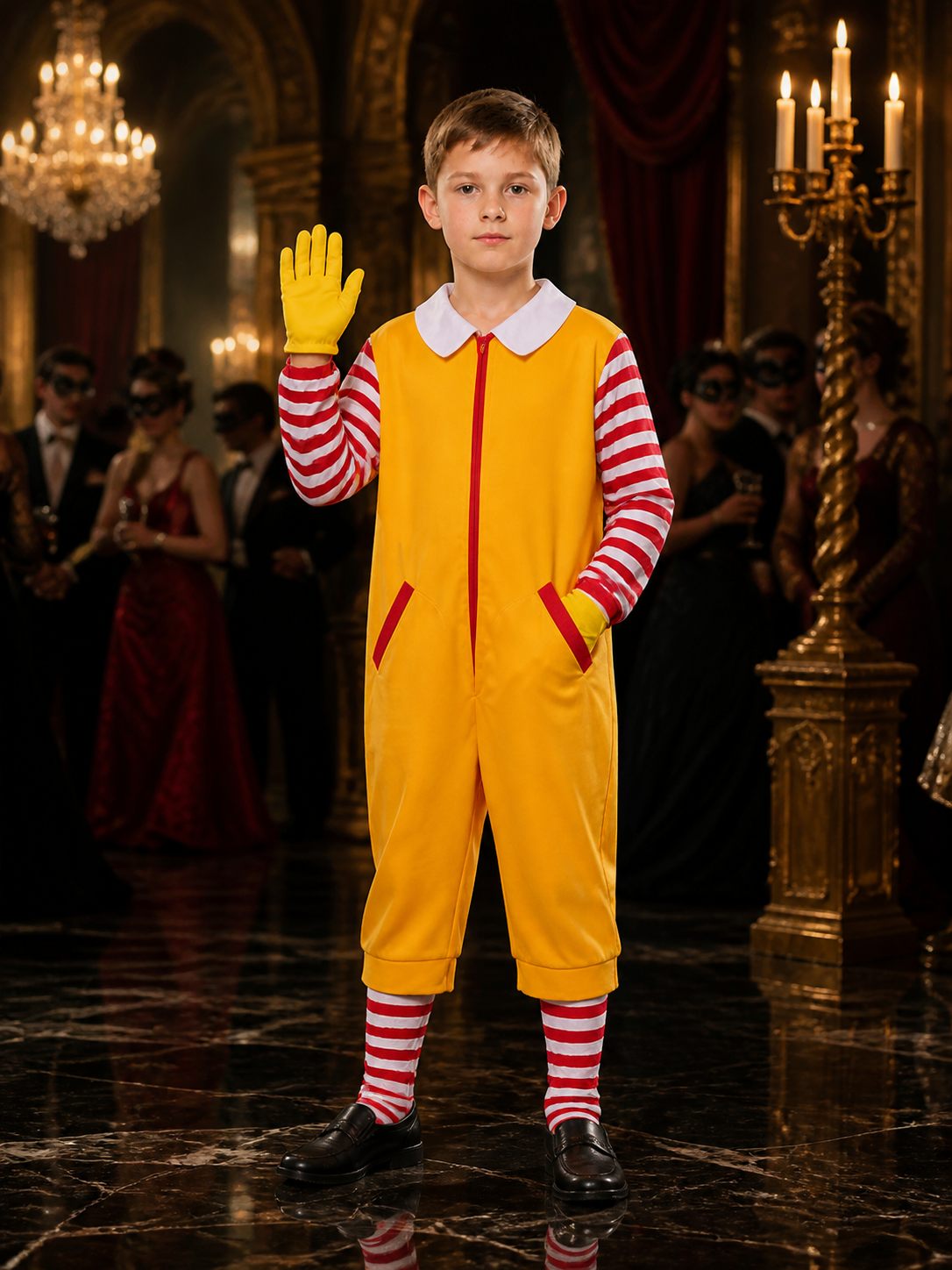Clown Jumpsuit Costume, Yellow With Red And White Stripes, Halloween Cosplay Costumes detail