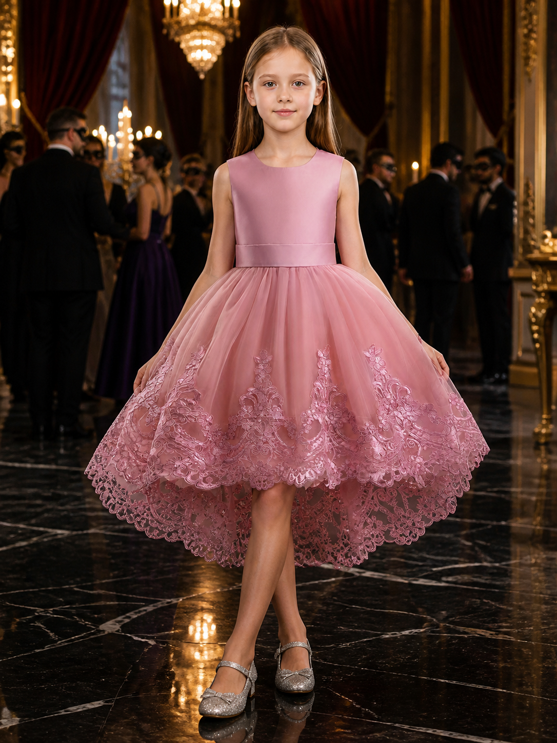 Girls' Dusty Pink Princess Flower Girl Dress, Lace-Embroidered Tulle Gown Costume Dresses detail