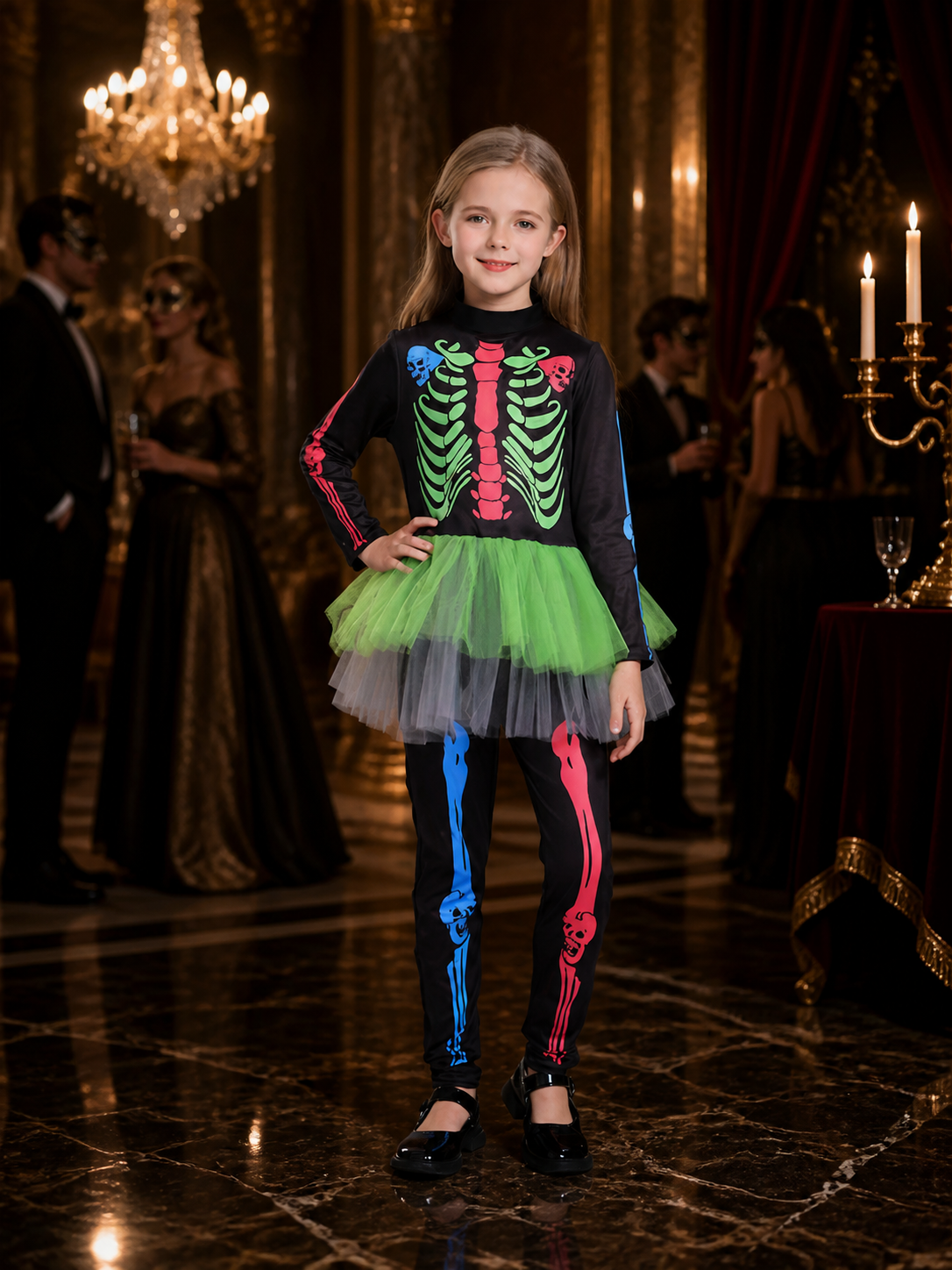 Girls Skeleton Bodysuit Costume with Mesh Tutu Skirt, Colorful Print Halloween Costumes detail