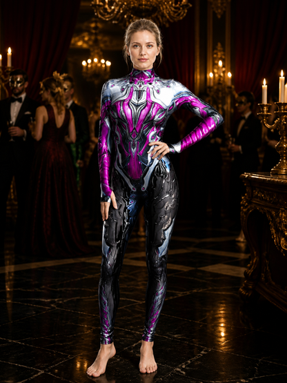 Neon Pink, Silver & Black Sci-Fi Armor Print Long-Sleeve Bodysuit Costume Costumes detail