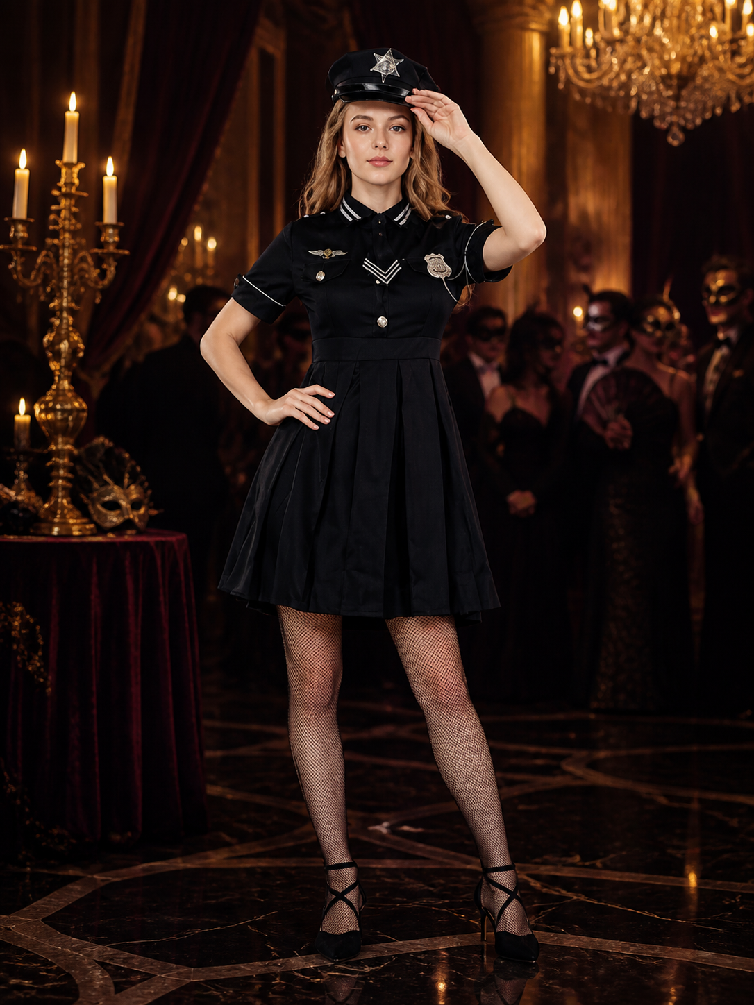 Women's Police Costume Dress Set With Hat, Black Short Sleeve Cosplay Outfit Costume Dresses detail