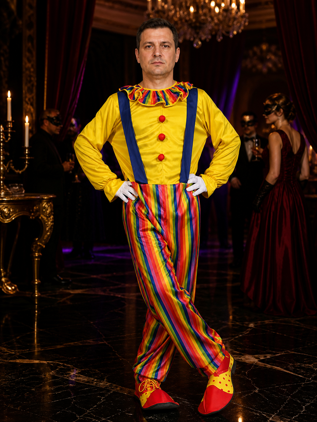 Adult Clown Jumpsuit Costume, Colorful Stripes, Suspender Style Halloween Party Costumes detail
