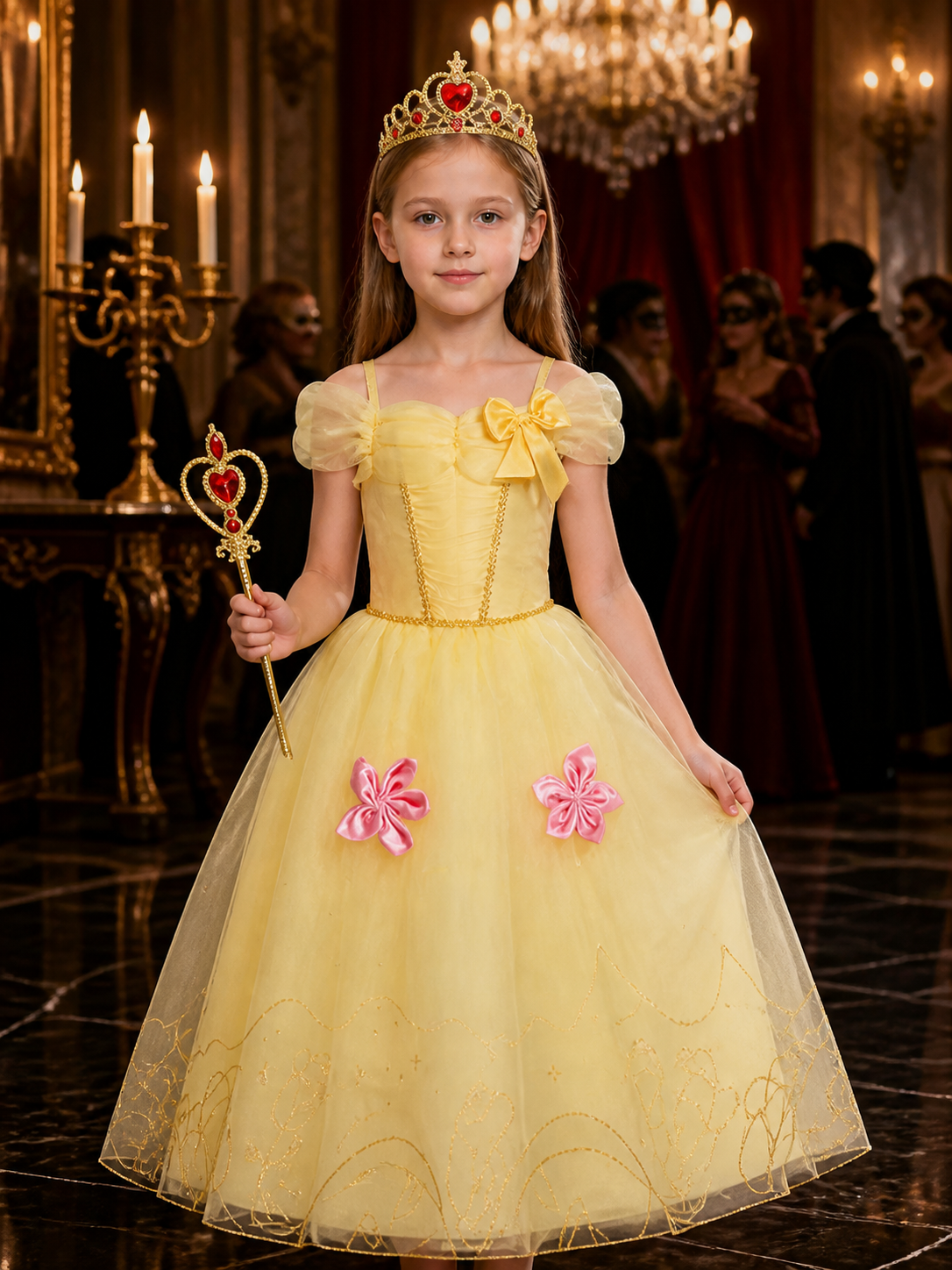 Girls Yellow Princess Dress Costume with Crown & Magic Wand, Layered Tulle for Costume Dresses detail