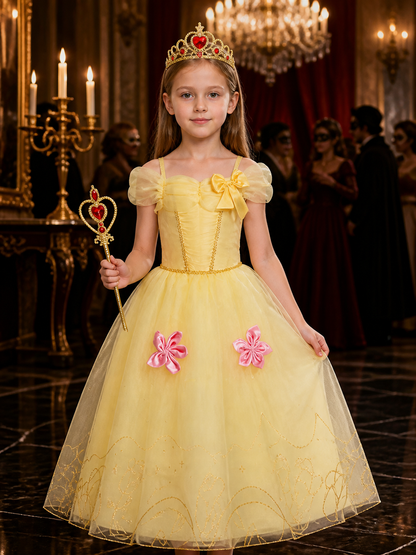 Girls Yellow Princess Dress Costume with Crown & Magic Wand, Layered Tulle for Costume Dresses detail