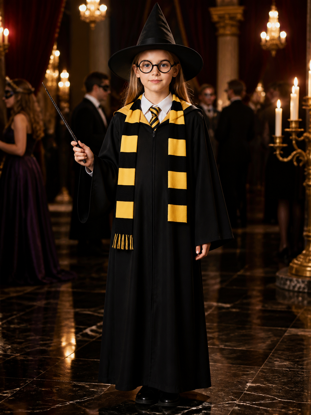 Black Hooded Wizard Robe Costume Set With Hat, Scarf, Tie, Wand And Round Costume Headwear detail