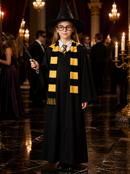 Black Hooded Wizard Robe Costume Set With Hat, Scarf, Tie, Wand And Round Costume Headwear detail