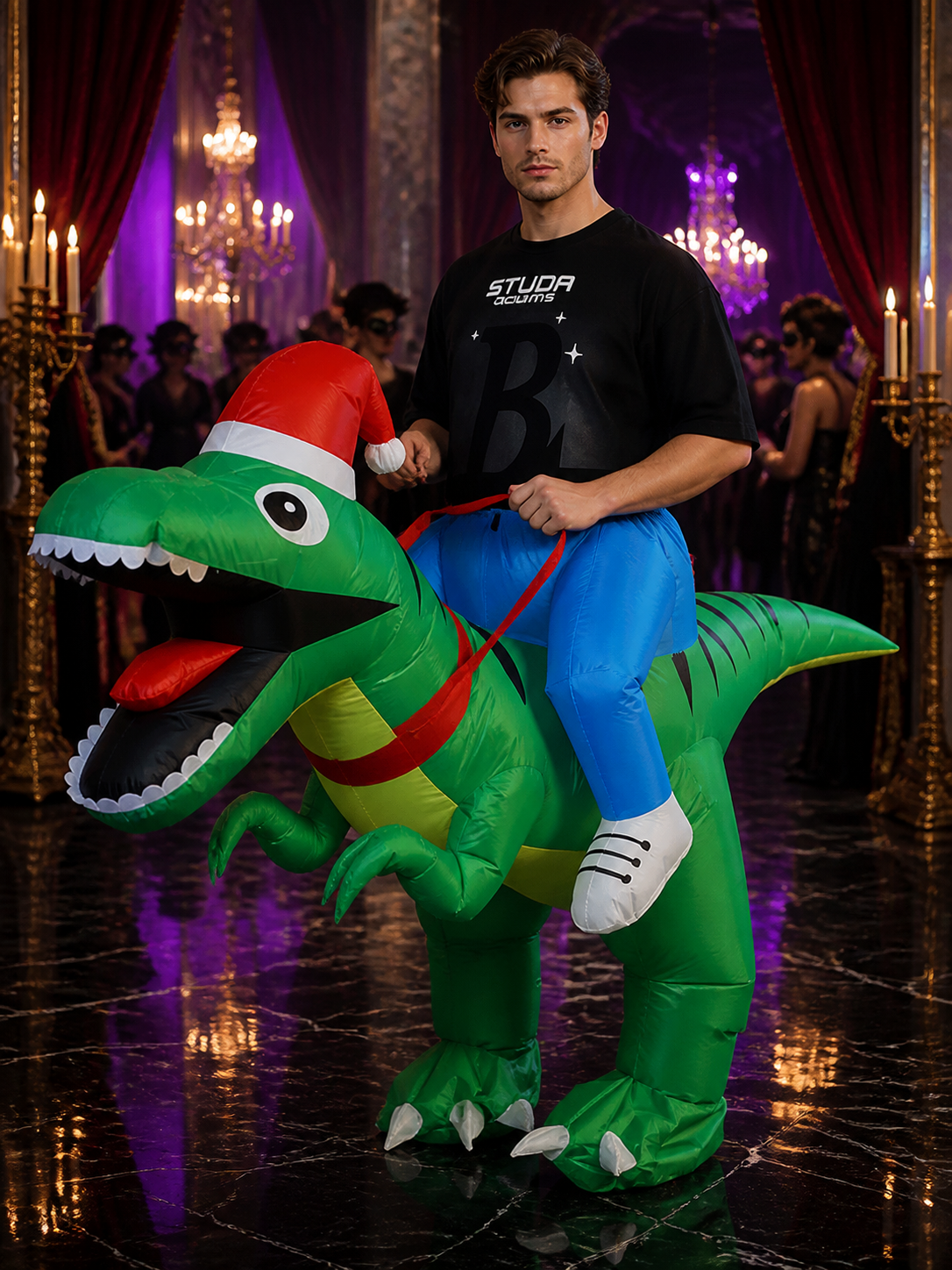 Inflatable Dinosaur Costume with Christmas Hat and Black Stripes for Halloween Costume Headwear detail