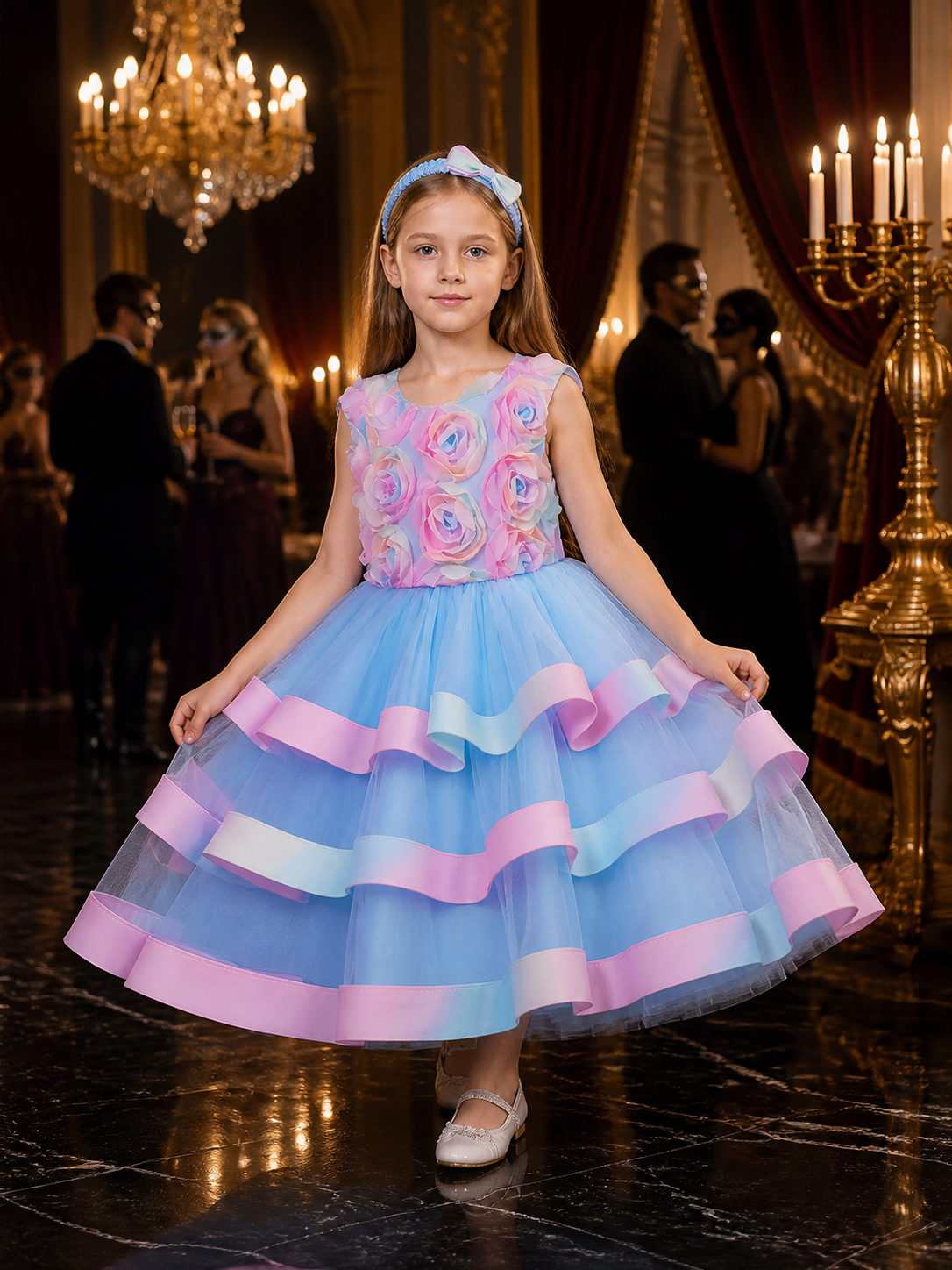 Girls' Multicolor Princess Dress with Layered Cake Skirt and Rose Detail Costume Dresses detail