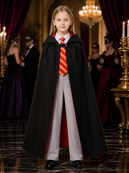 Girls Wizard Robe Costume Set with Hooded Cape, Red Trim, Tie and Pants Costume Capes detail