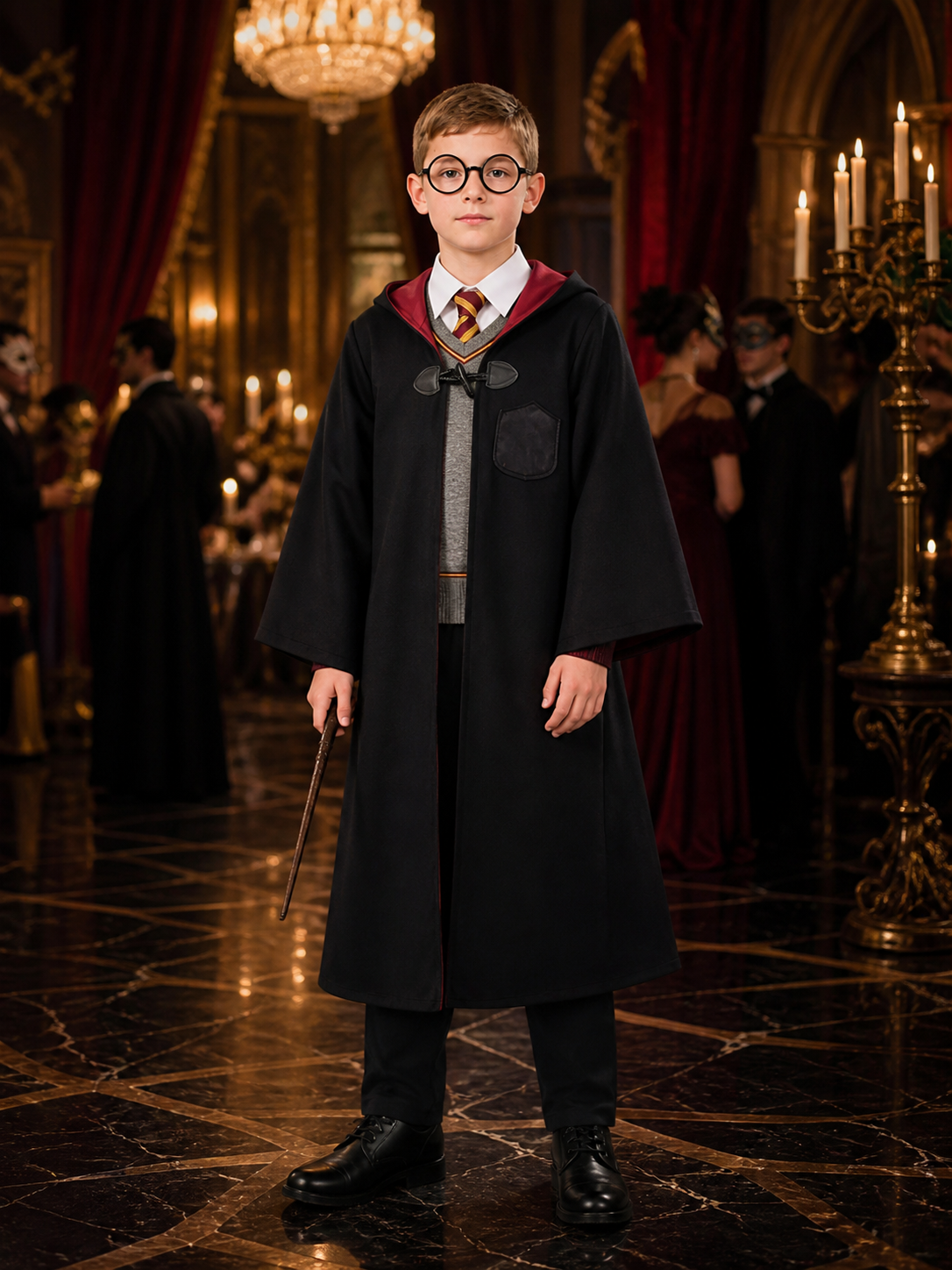 Kids Wizard Costume Set, Hooded Robe With Round Glasses, Tie, Inner Top And Costumes detail