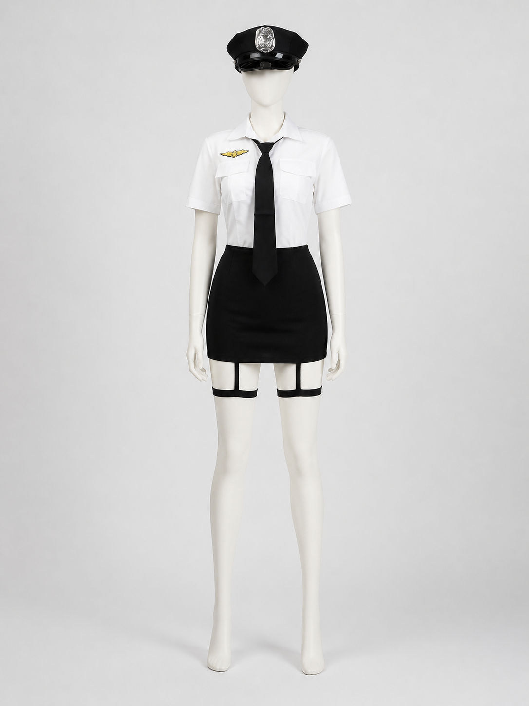 Women's Police Officer Costume Set, White Short Sleeve Uniform with Black Skirt Costumes detail