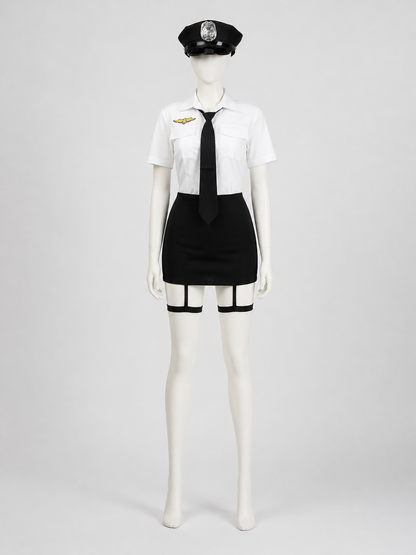 Women's Police Officer Costume Set, White Short Sleeve Uniform with Black Skirt Costumes detail