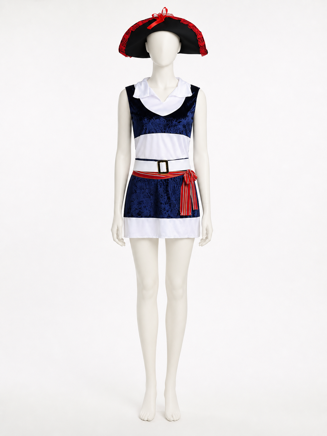Adult Pirate Costume Set, Navy Sleeveless Dress With Hat, Belt And Waist Tie Costume Dresses detail