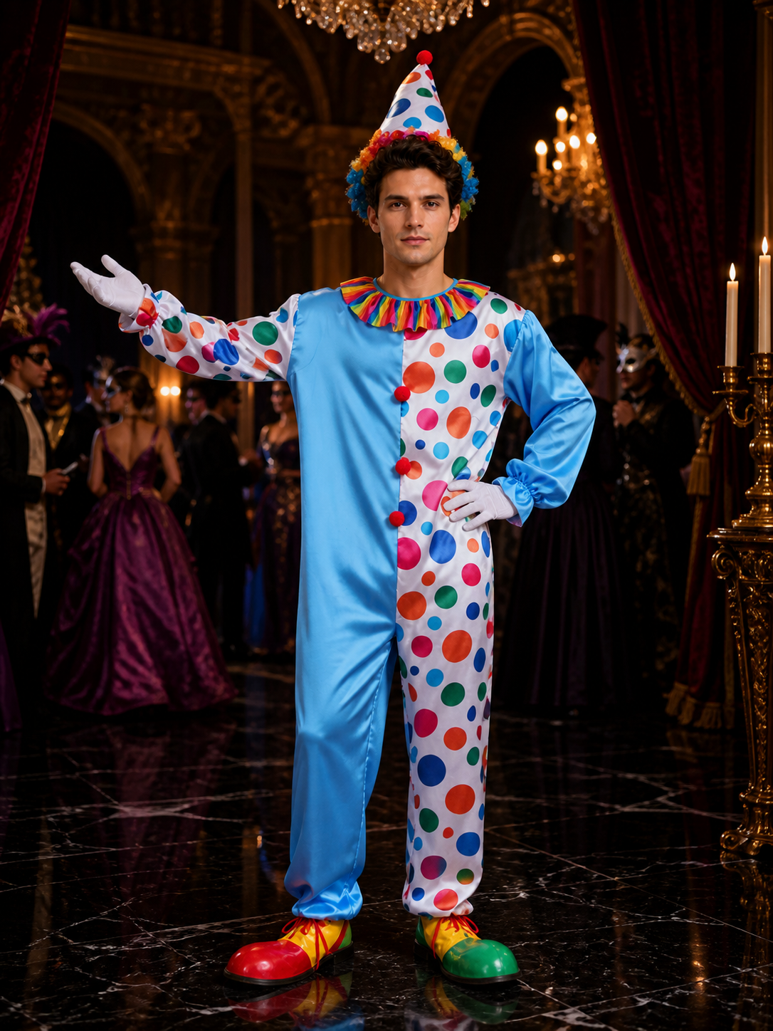 Unisex Clown Jumpsuit Costume Set, Polka Dot Print with Hat, Halloween Outfit Costume Headwear detail
