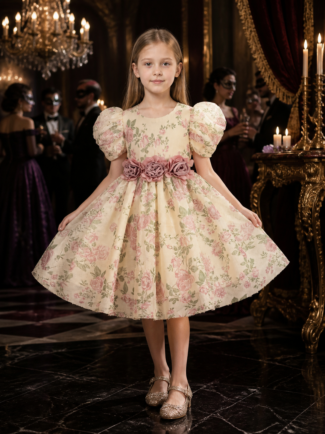 Baby Girls Floral Princess Dress, Puff Sleeves, 3D Flower Waist Detail Costume Dresses detail