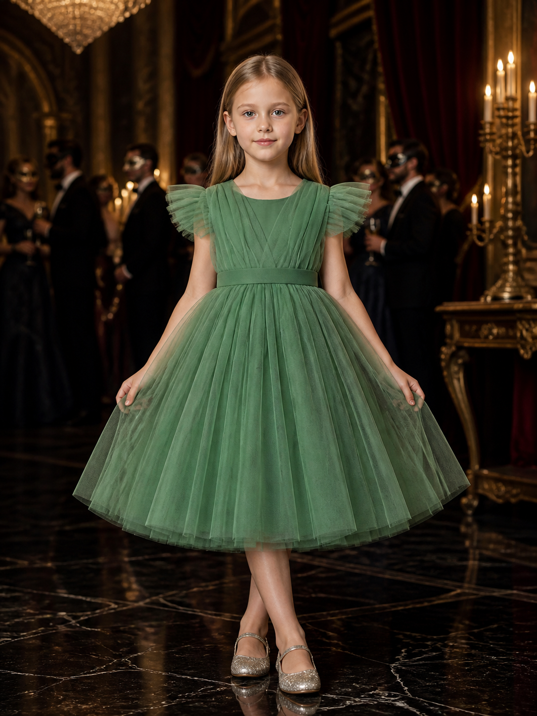 Toddler Girls' Green Princess Dress with Flutter Sleeves and Layered Tulle Full Costume Dresses detail
