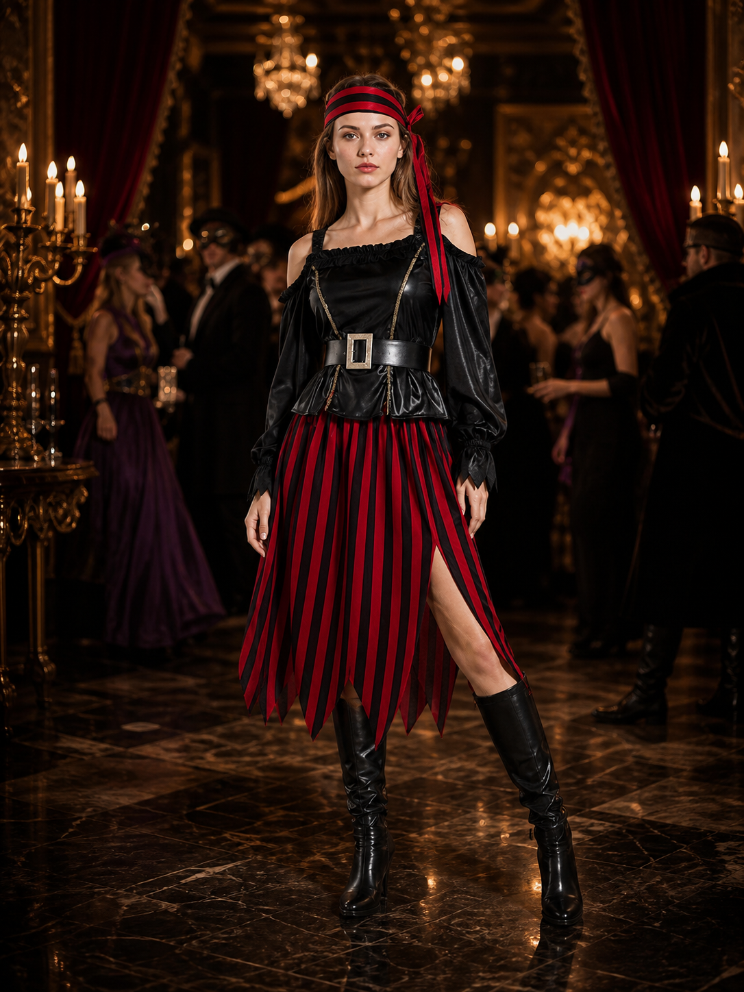 Women's Pirate Costume Set, Red Black Striped Dress with Asymmetric Hem, Belt Costume Dresses detail