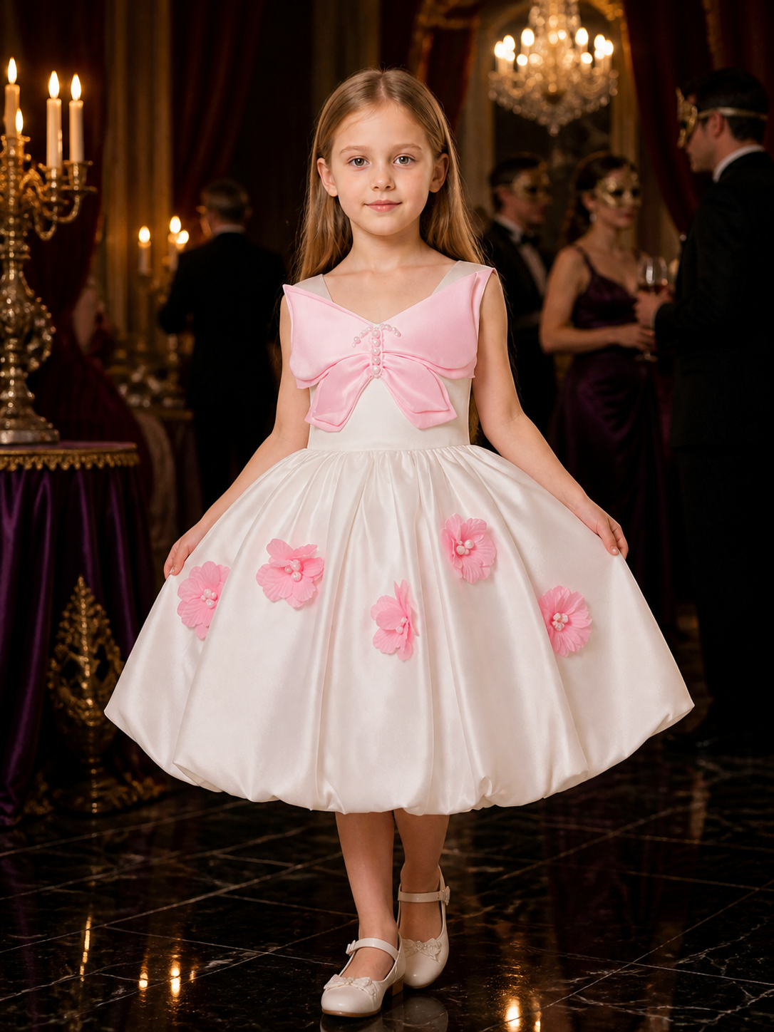 Girls' White and Pink Princess Dress with 3D Bow, Pearl Details and Full Skirt Costume Dresses detail
