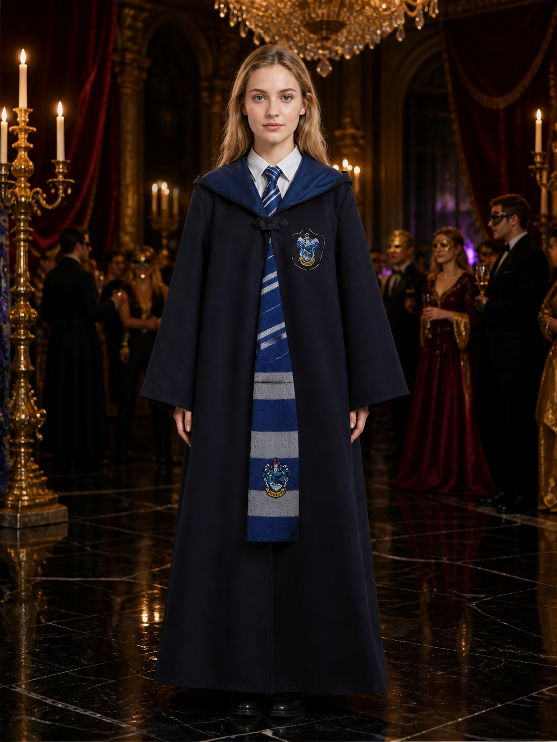 Wizard Robe Costume Set with House Crest, Striped Scarf and Tie for Halloween Costumes detail