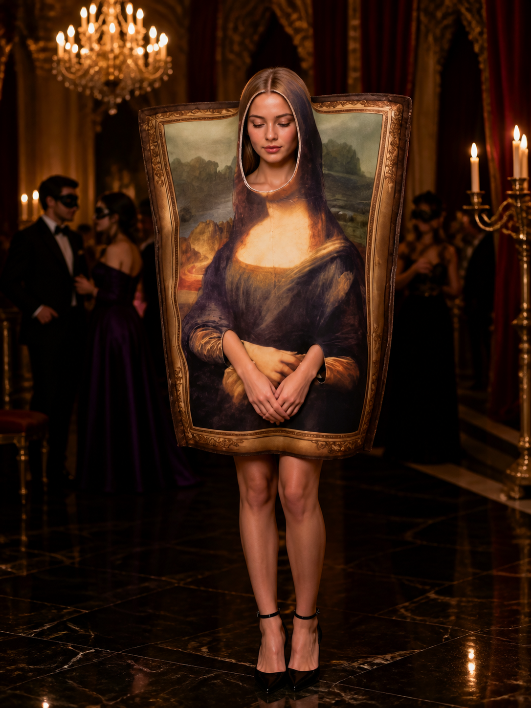 Funny Mona Lisa Portrait Bodysuit Costume, Vintage Gold Frame Halloween Party Costumes detail