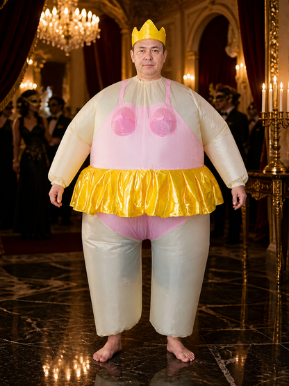 Funny Inflatable Dance Costume, White Bodysuit with Yellow Skirt and Crown Costume Headwear detail