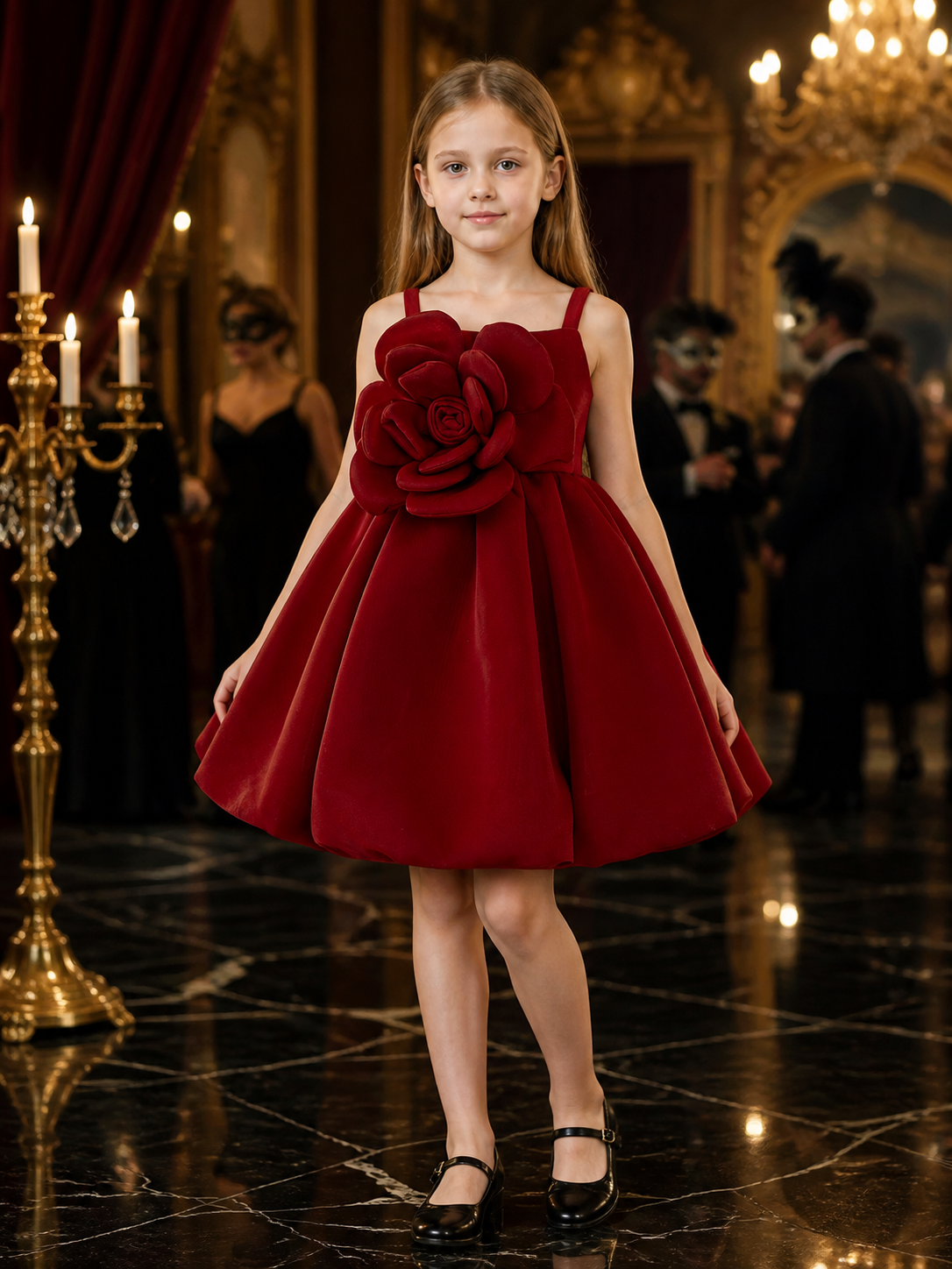 Girls' Burgundy Princess Dress, Sleeveless Layered Rose Flower Party Outfit Costume Dresses detail